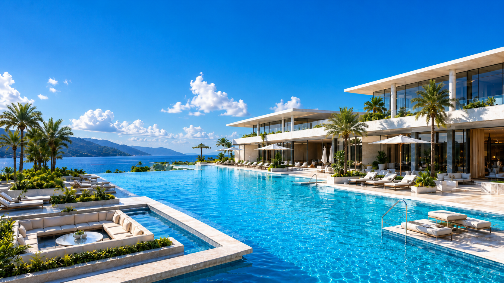 Hospitality pool complex with guest-ready clear water and resort buildings.