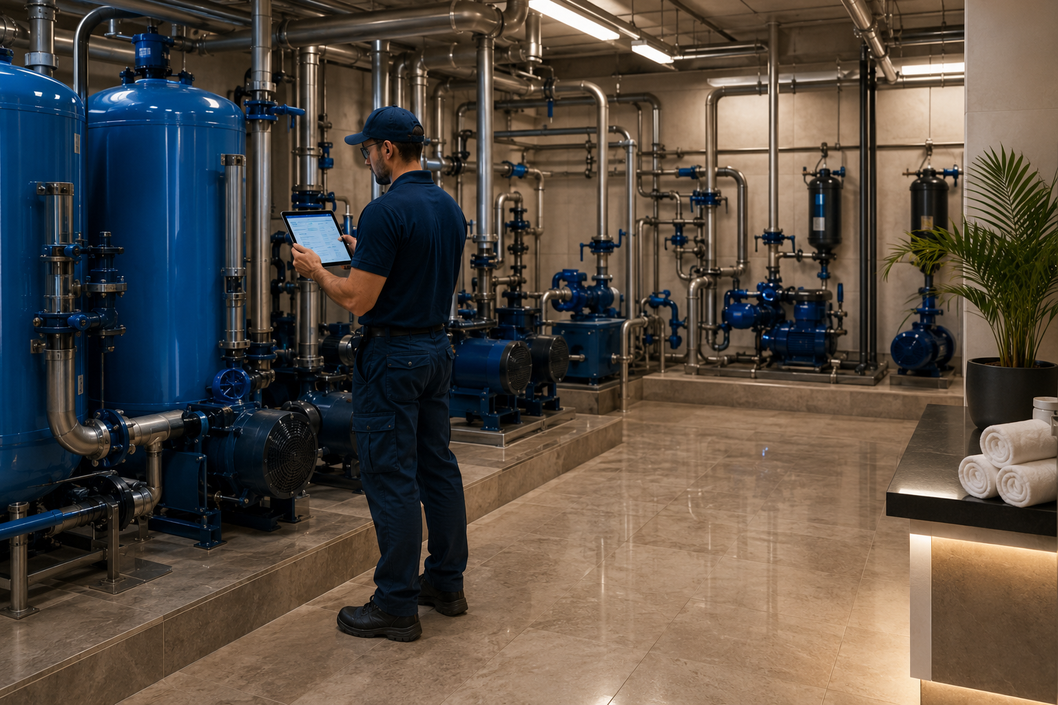 Operator reviewing equipment assets in a clean hospitality plant room.