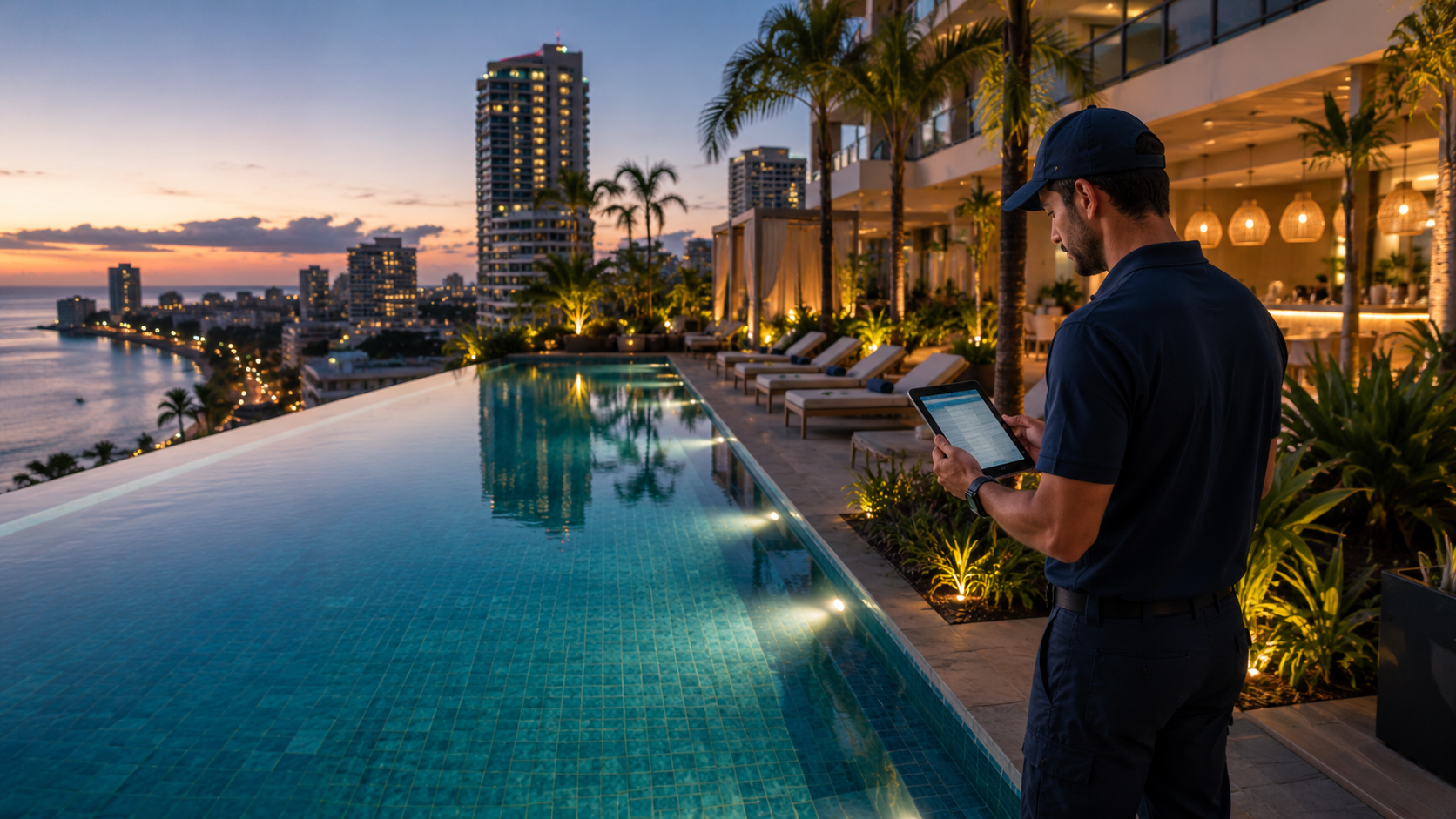 After-hours aquatic operator reviewing the facility record beside a managed basin.