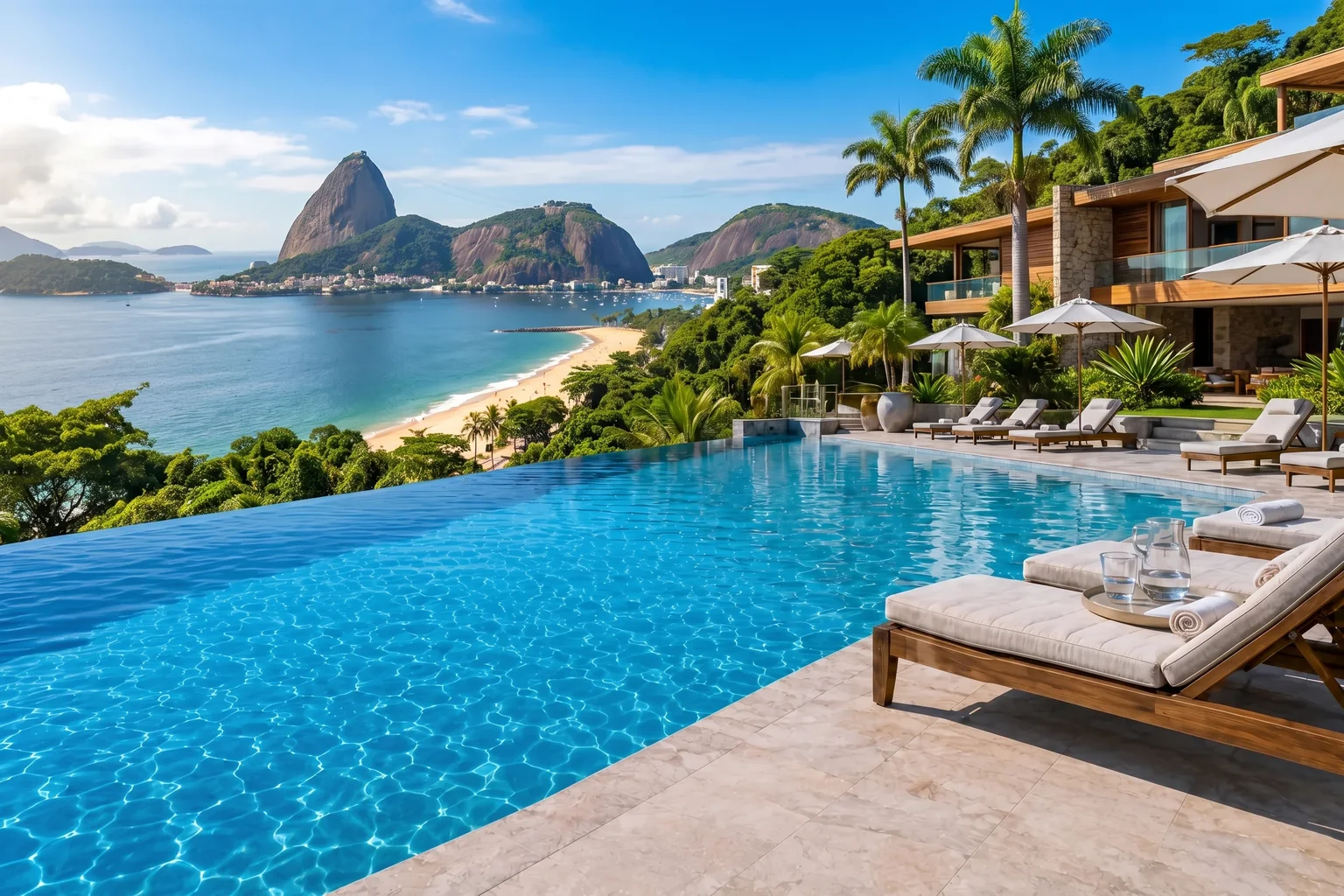 Uma piscina de borda infinita de hotel acima do Rio de Janeiro, com vista para uma praia curva e, através da Baía de Guanabara, para o Pão de Açúcar, com palmeiras e mata tropical na encosta.