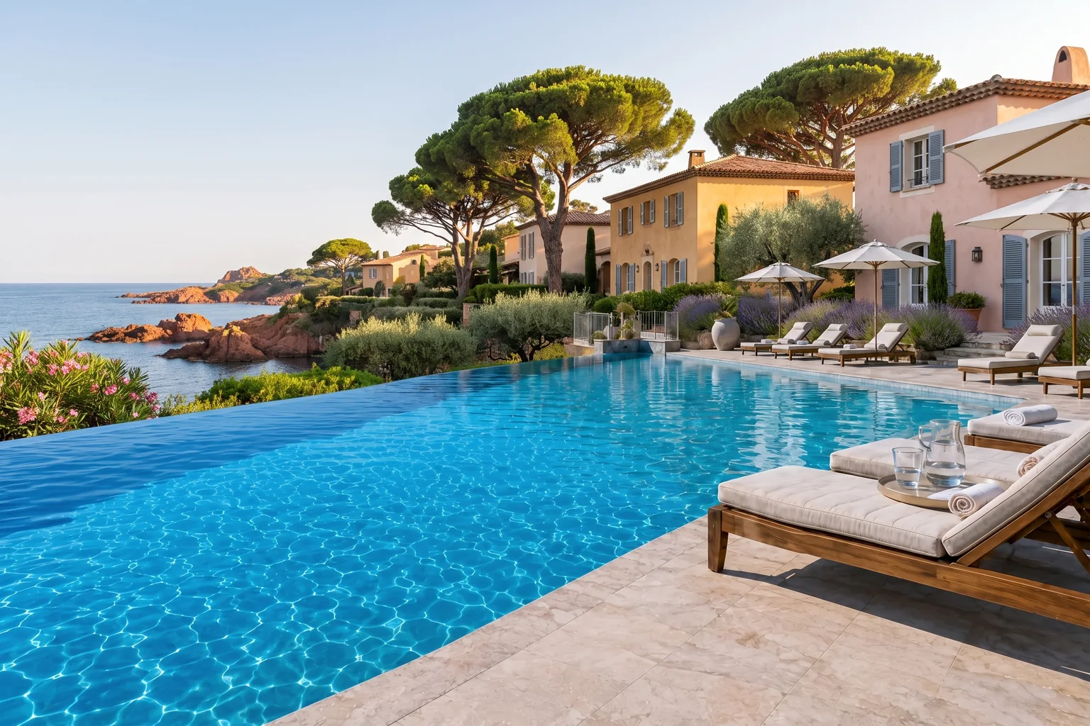Une piscine à débordement d’hôtel sur la Côte d’Azur, avec des pins parasols, des villas provençales ocre et roses, de la lavande et des roches rouges dominant la Méditerranée.