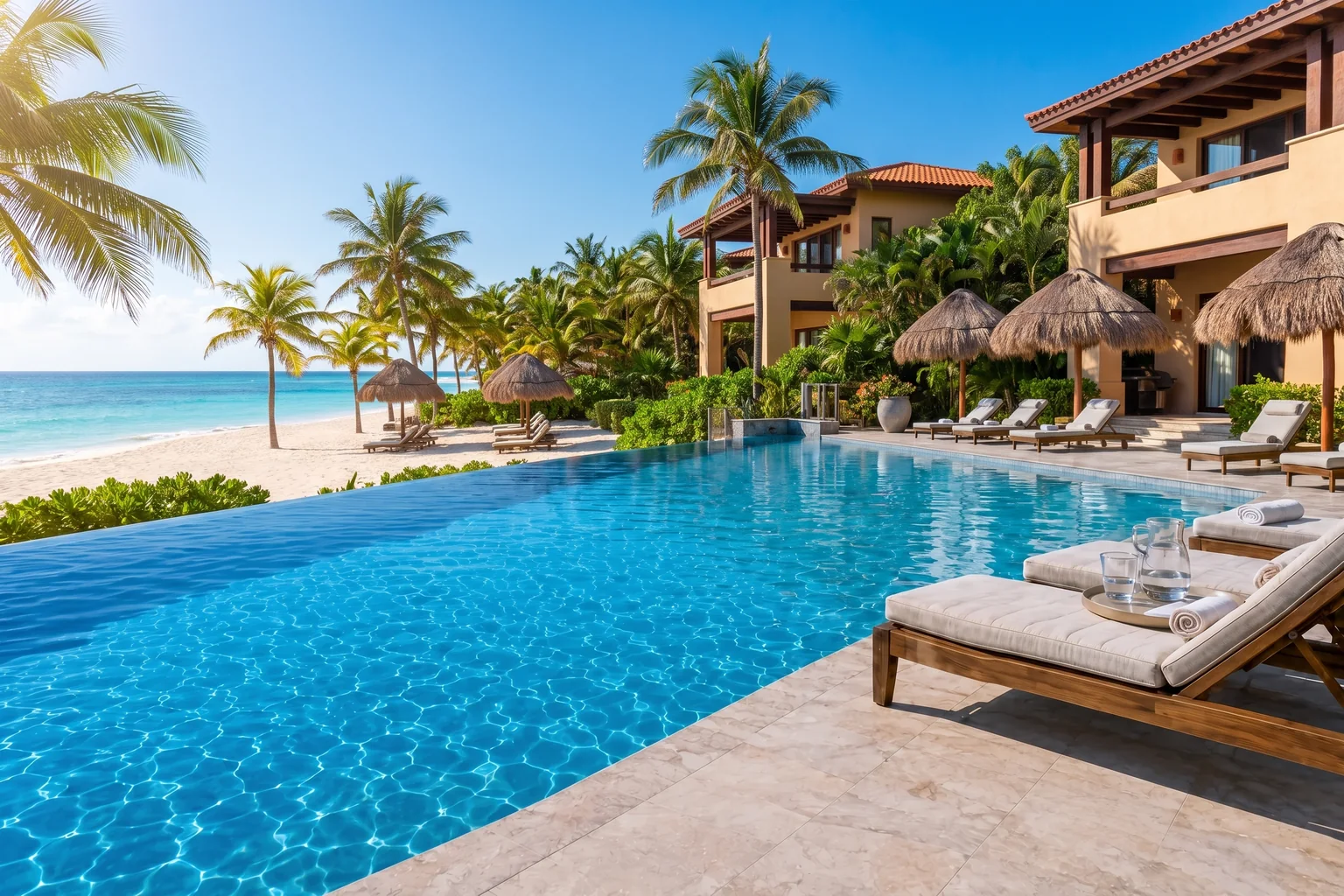 Una piscina infinita de un resort frente al mar en la Riviera Maya, con sombrillas de palapa, cocoteros y el mar Caribe turquesa más allá de la arena blanca.