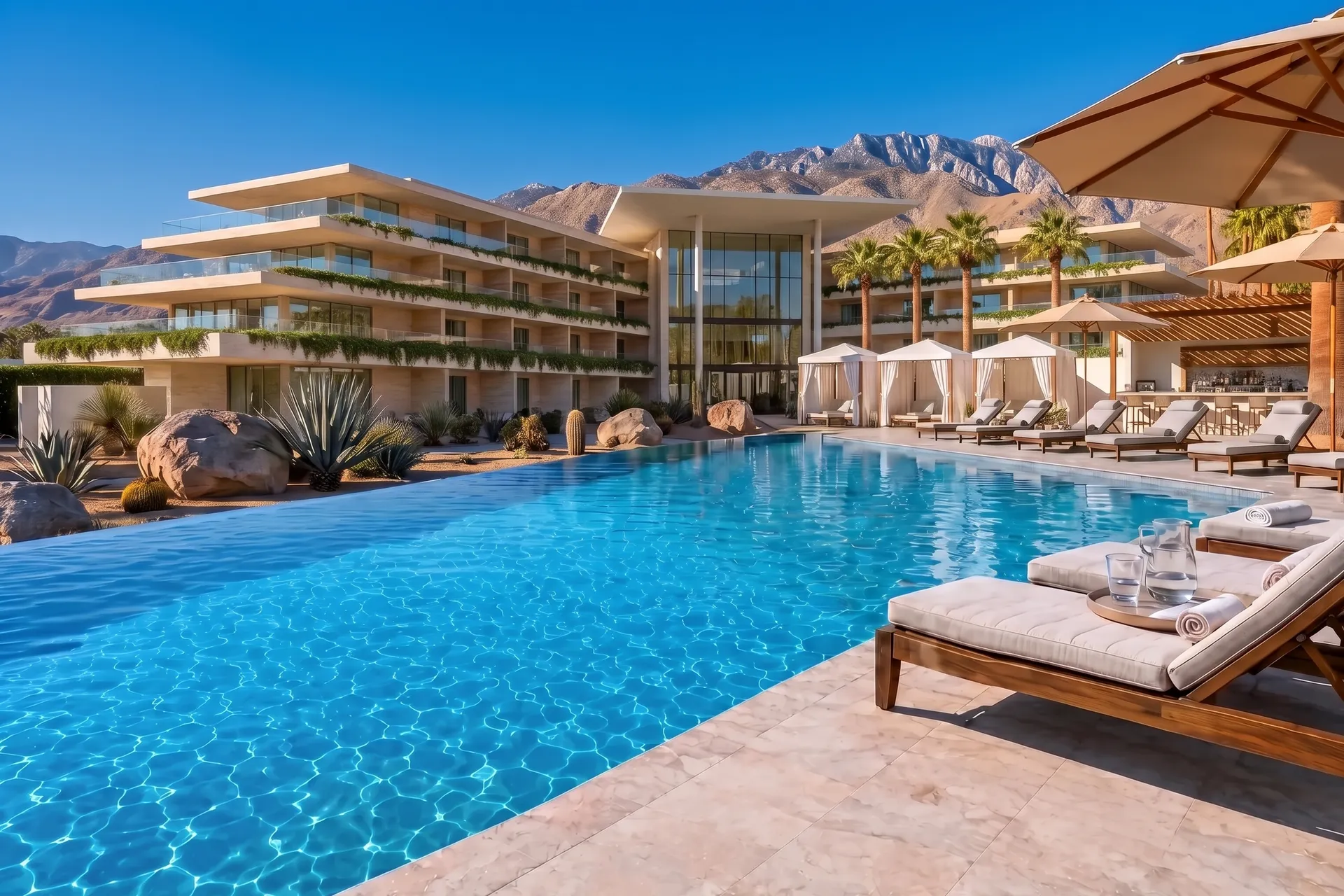 The infinity pool of a luxury desert resort in Palm Springs: a terraced sandstone hotel with planted balconies and a double-height glass lobby, white poolside cabanas and a pool bar behind rows of loungers, with fan palms and the San Jacinto mountains under a deep-blue sky.
