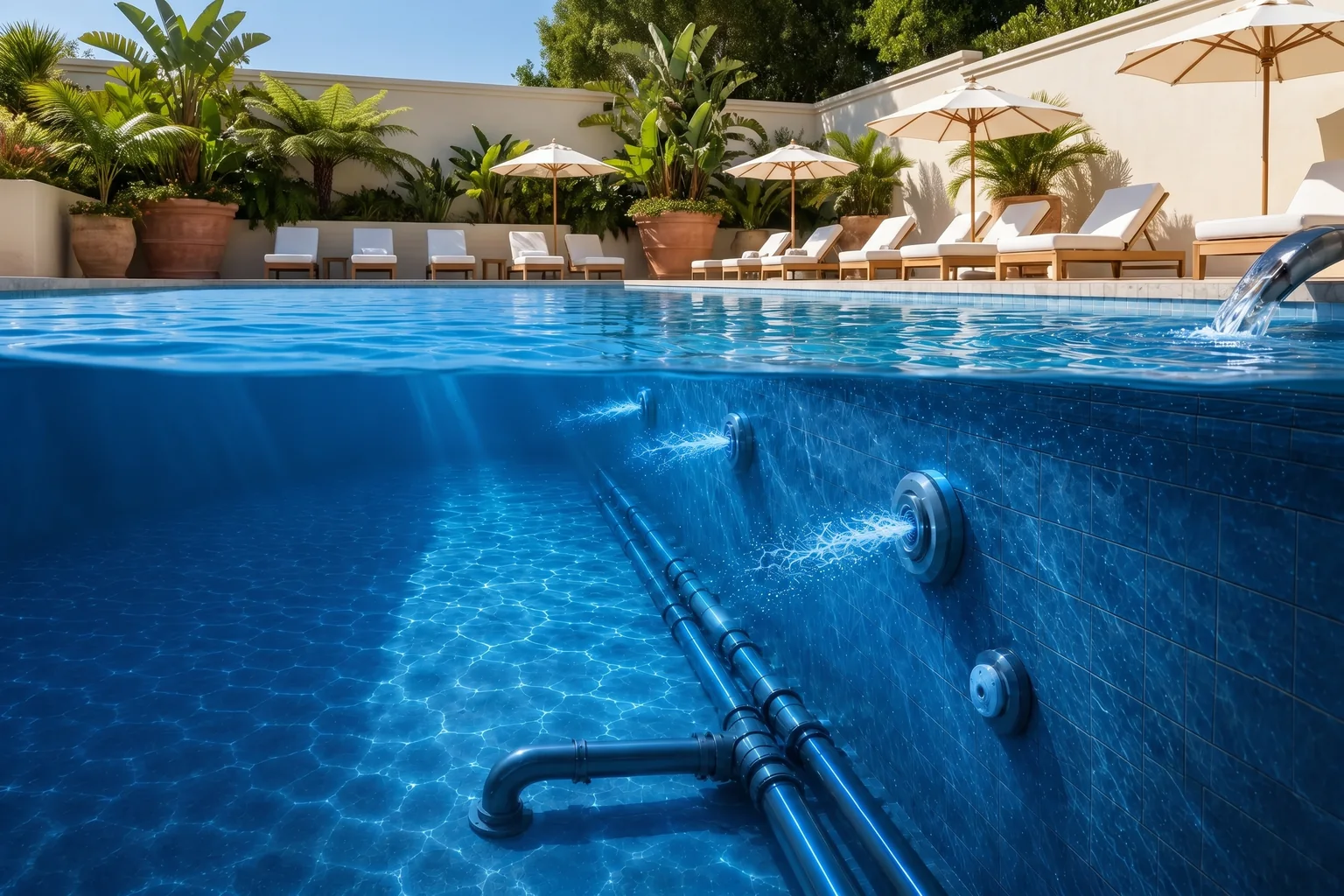 A sunlit pool seen above and below the waterline: white-cushioned loungers, parasols and potted palms along a walled terrace above; below, return inlets jet water from the tiled wall and circulation pipes run along its base.