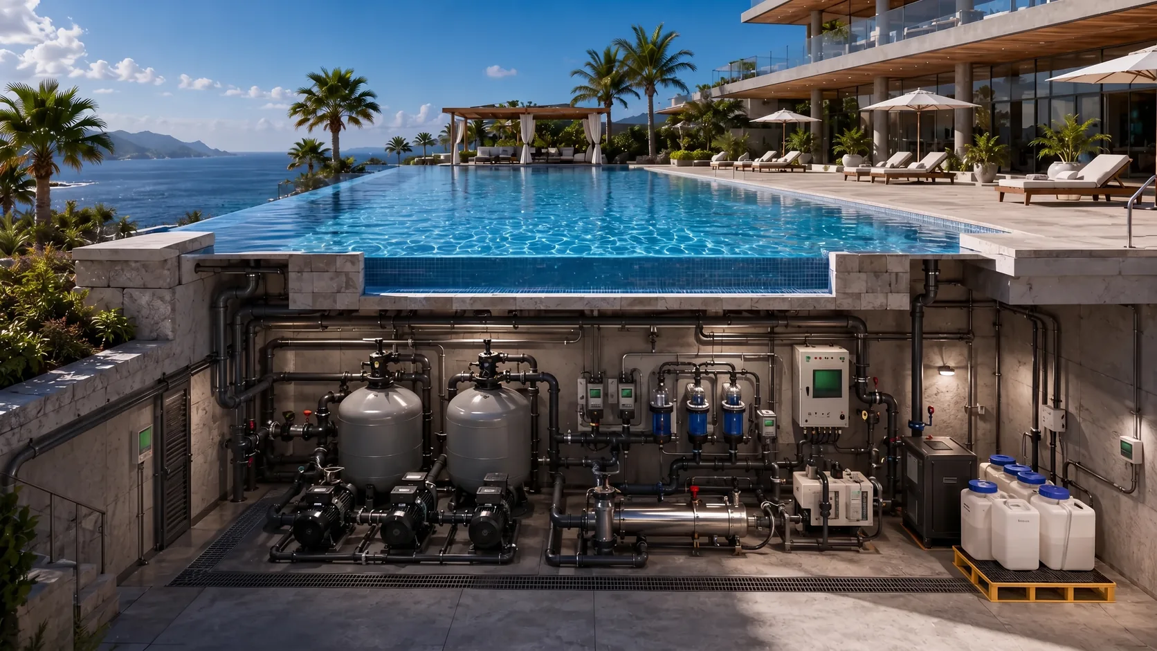 A cutaway of a resort infinity pool above its plant room, with filter tanks, pumps, valves, a control panel and chemical drums below the deck.