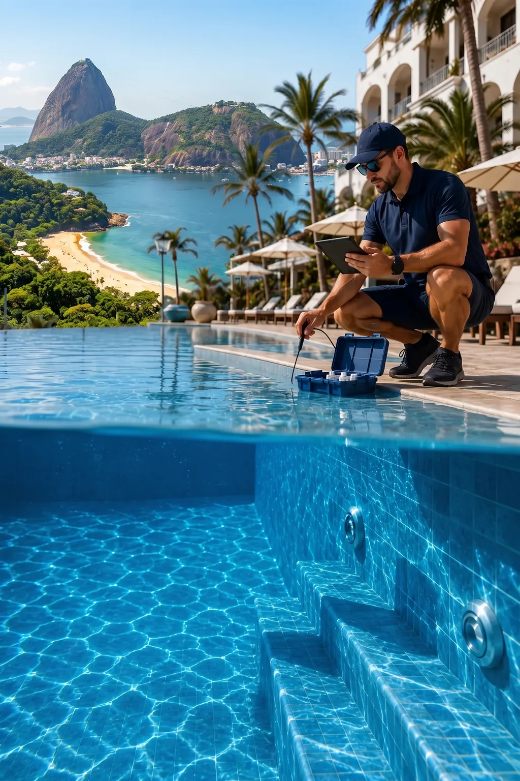 Um técnico de piscina, agachado à beira da água de uma piscina de hotel no Rio de Janeiro, com o Pão de Açúcar e a baía atrás dele, mergulha na piscina uma sonda tirada de um estojo de teste aberto e consulta um tablet.