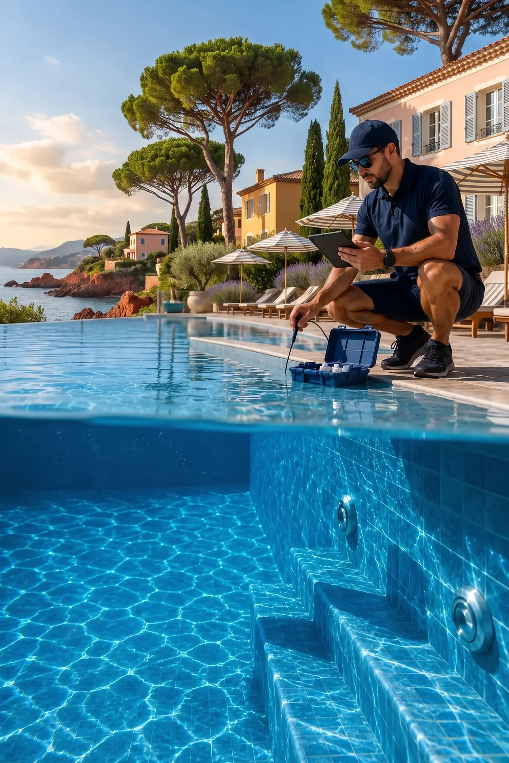Un technicien piscine, accroupi au bord d’une piscine d’hôtel sur la Côte d’Azur, devant des pins parasols et des villas provençales, plonge dans le bassin une sonde sortie d’une mallette d’analyse ouverte et consulte une tablette.