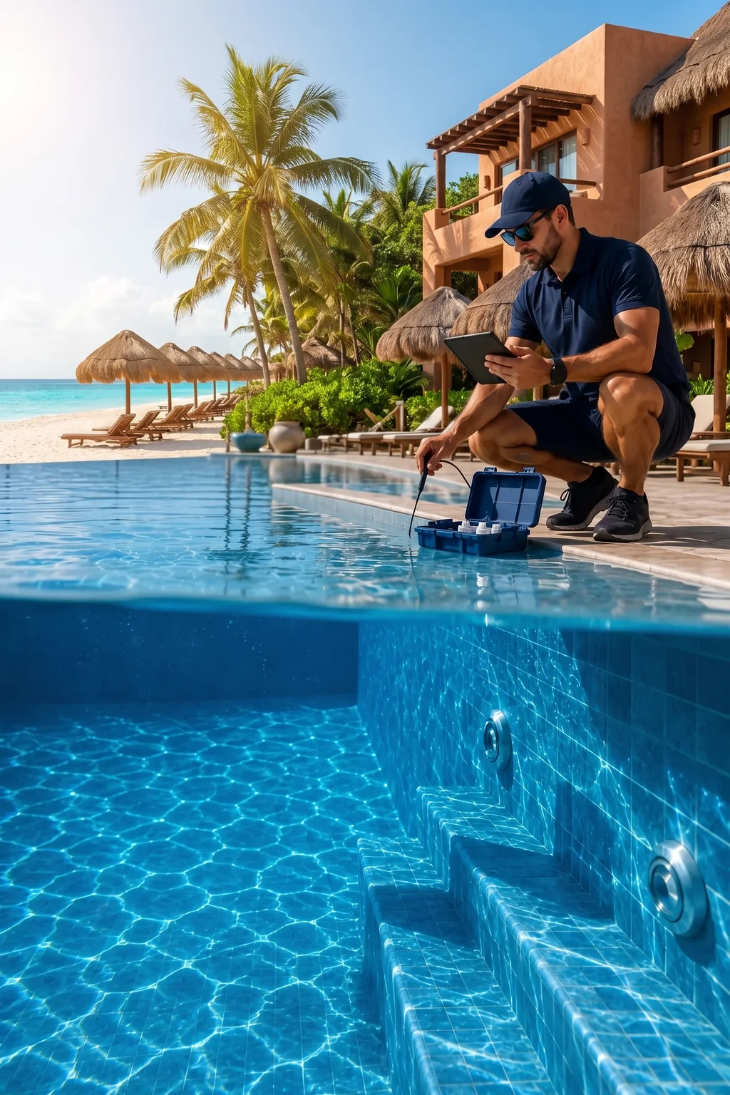 Un técnico de piscinas se agacha al borde de la piscina de un resort en la Riviera Maya, con sombrillas de palapa, palmeras y el Caribe a sus espaldas, y sumerge en el agua una sonda de un estuche de análisis abierto mientras consulta una tableta.