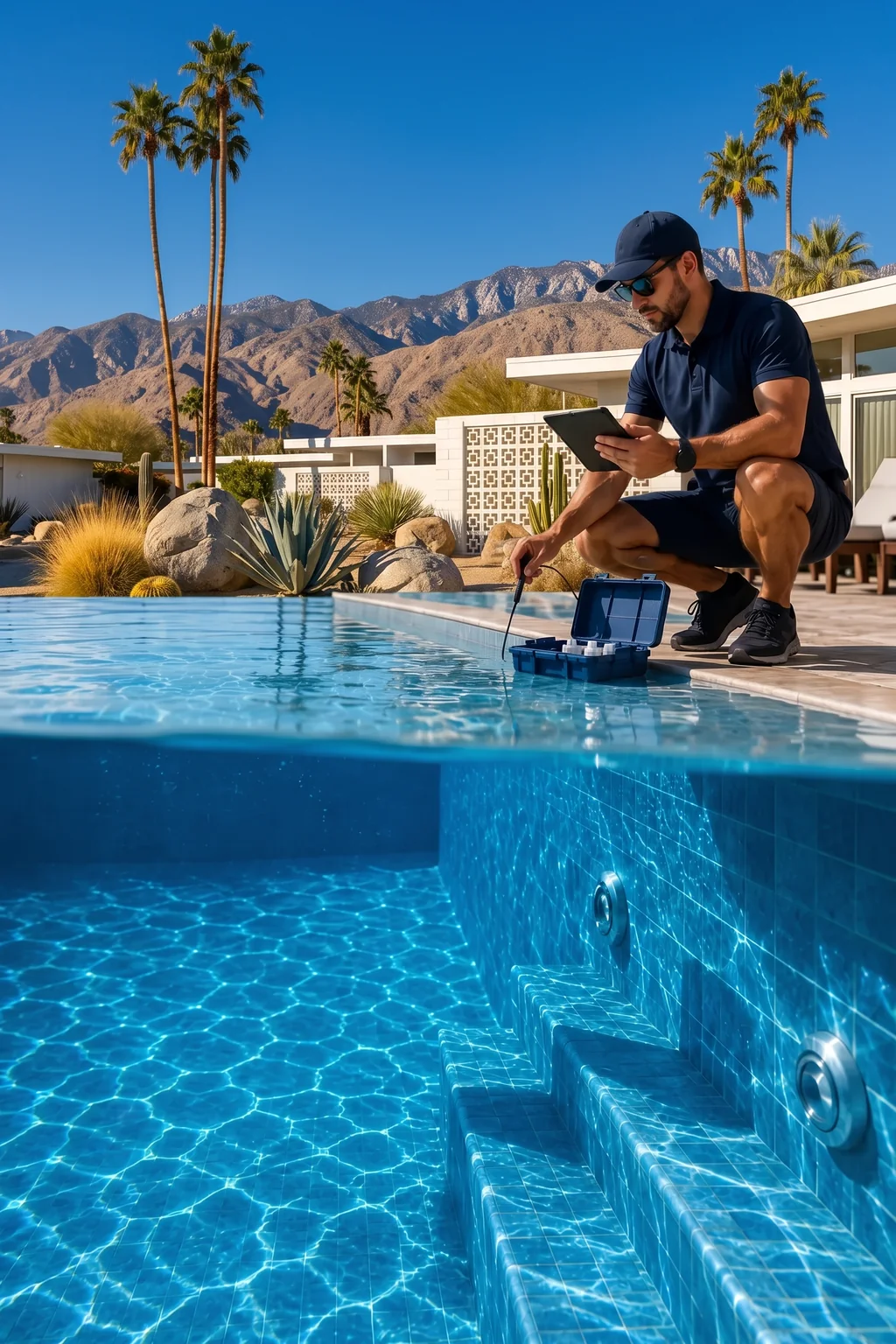 A pool technician crouches at the edge of the water at a Palm Springs resort pool, desert mountains, fan palms and a modernist bungalow behind him, dipping a test probe into the pool from an open kit and reading a tablet.