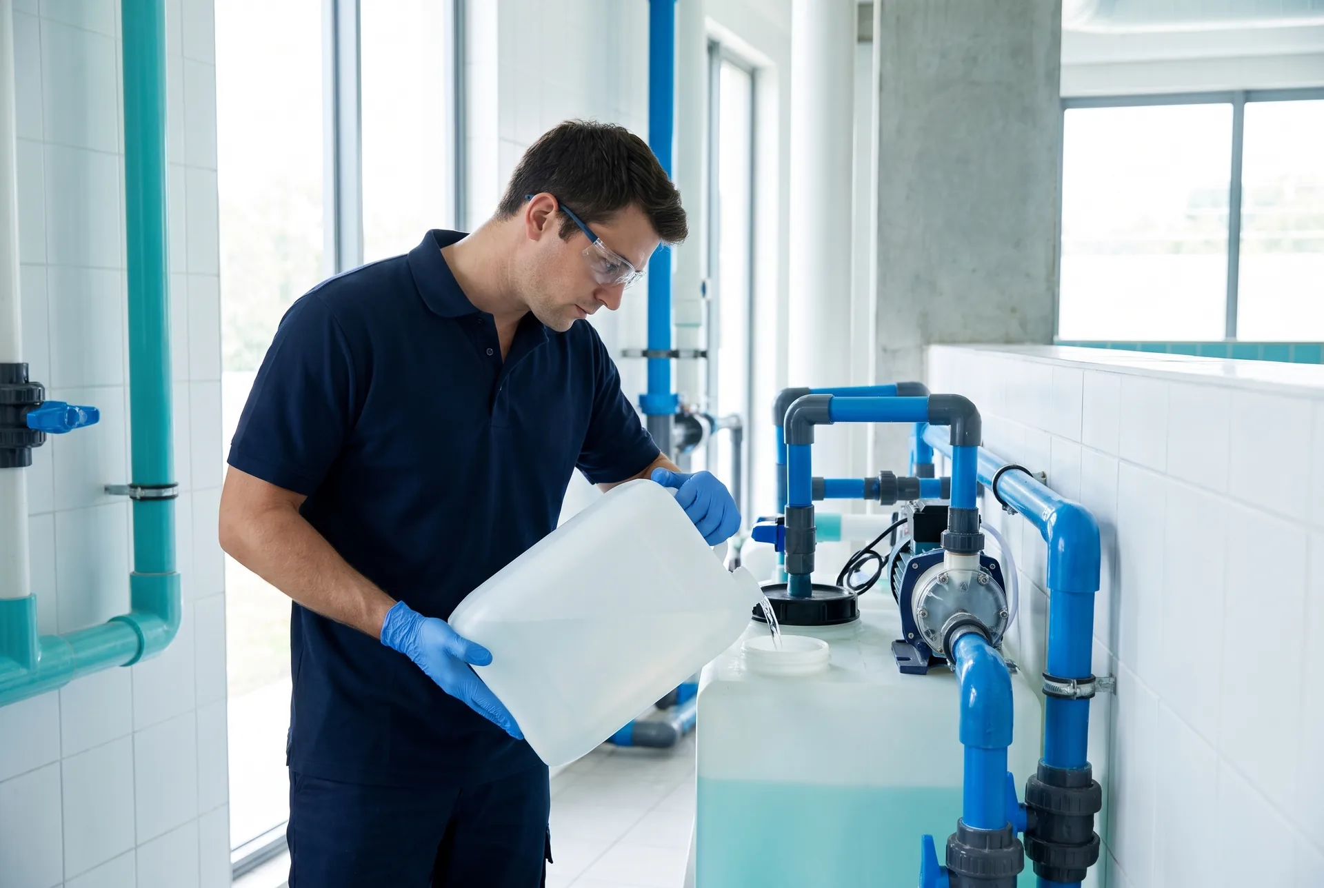 A technician in gloves and safety glasses tops up a chemical feed tank from a plain white container in a pool plant room, a dosing pump beside it.