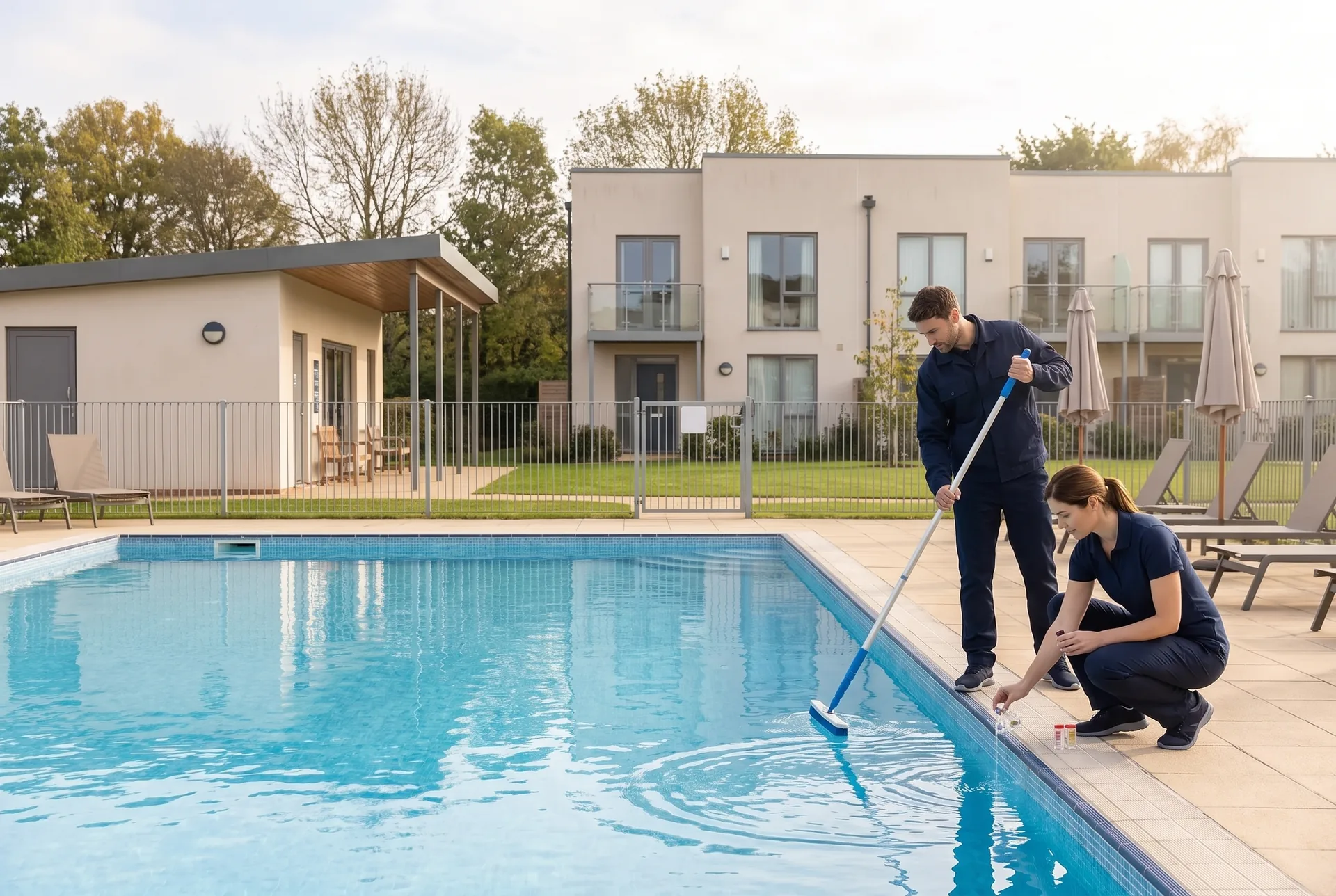 An outdoor community pool beside a small clubhouse and pale townhouses: one technician kneels at the edge dipping a test vial while a colleague brushes the pool wall with a long pole.