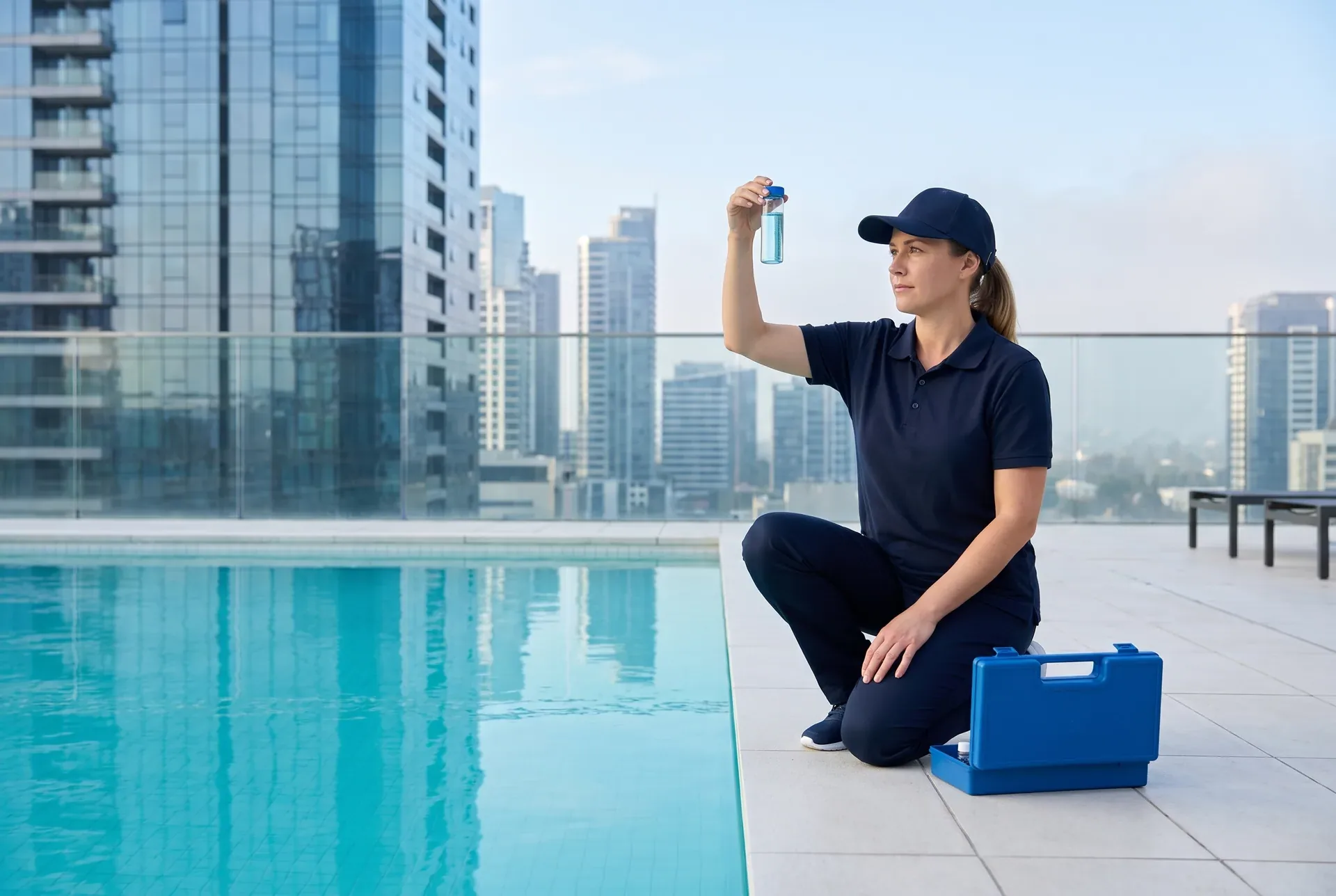 A pool service technician kneels at the edge of a hotel rooftop pool, holding a sample vial of pool water up to the light, a closed blue test kit beside her and city towers beyond.