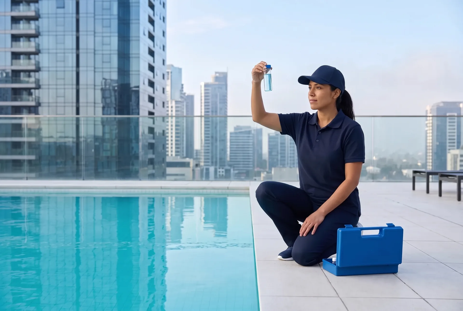 Una técnica de mantenimiento de piscinas, arrodillada al borde de la piscina en la azotea de un hotel, levanta hacia la luz un frasco con una muestra de agua; a su lado, un maletín azul cerrado con el kit de prueba y, al fondo, las torres de la ciudad.