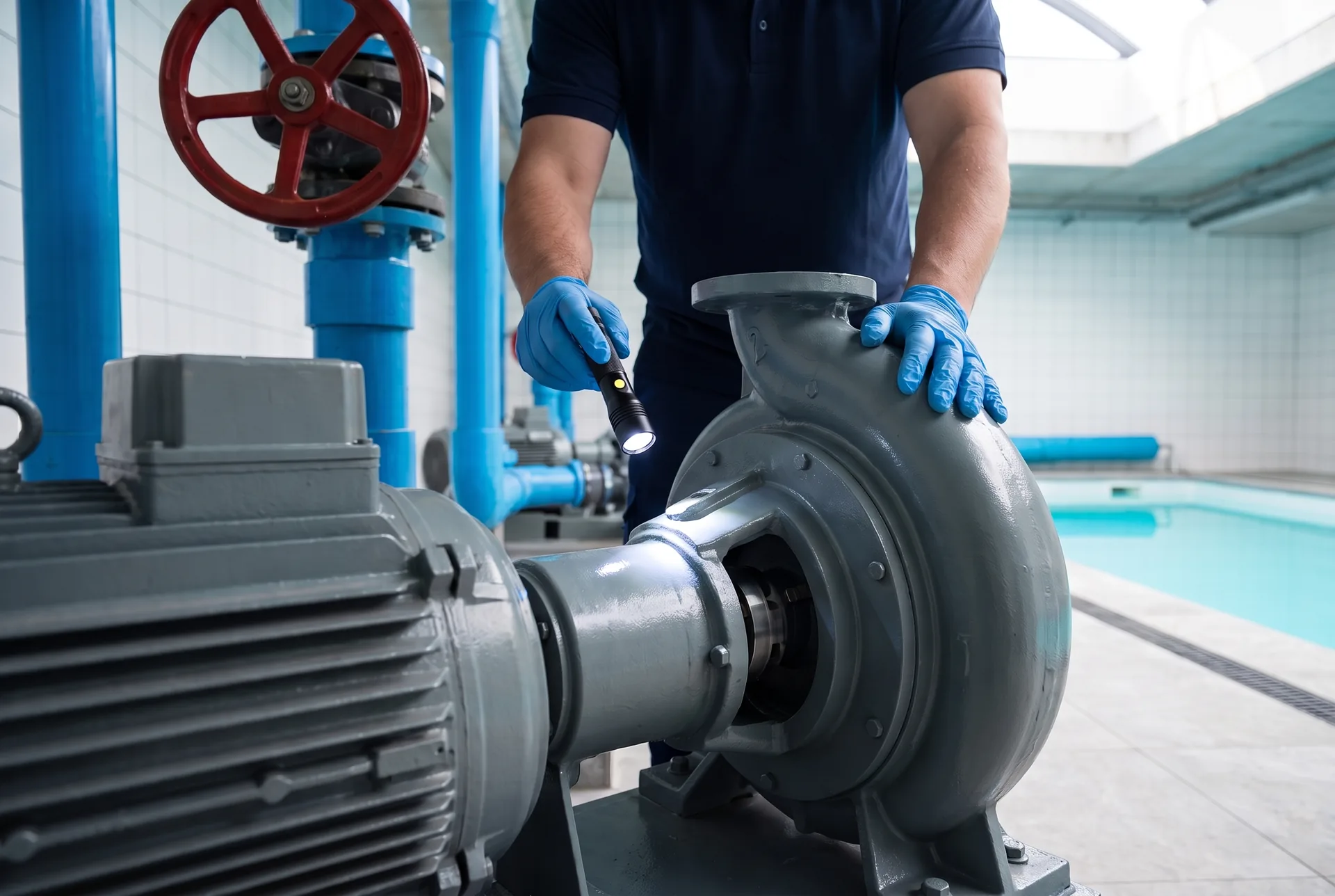 A technician’s gloved hands on the grey housing of a circulation pump in a plant room, one hand shining a torch on the pump’s coupling.