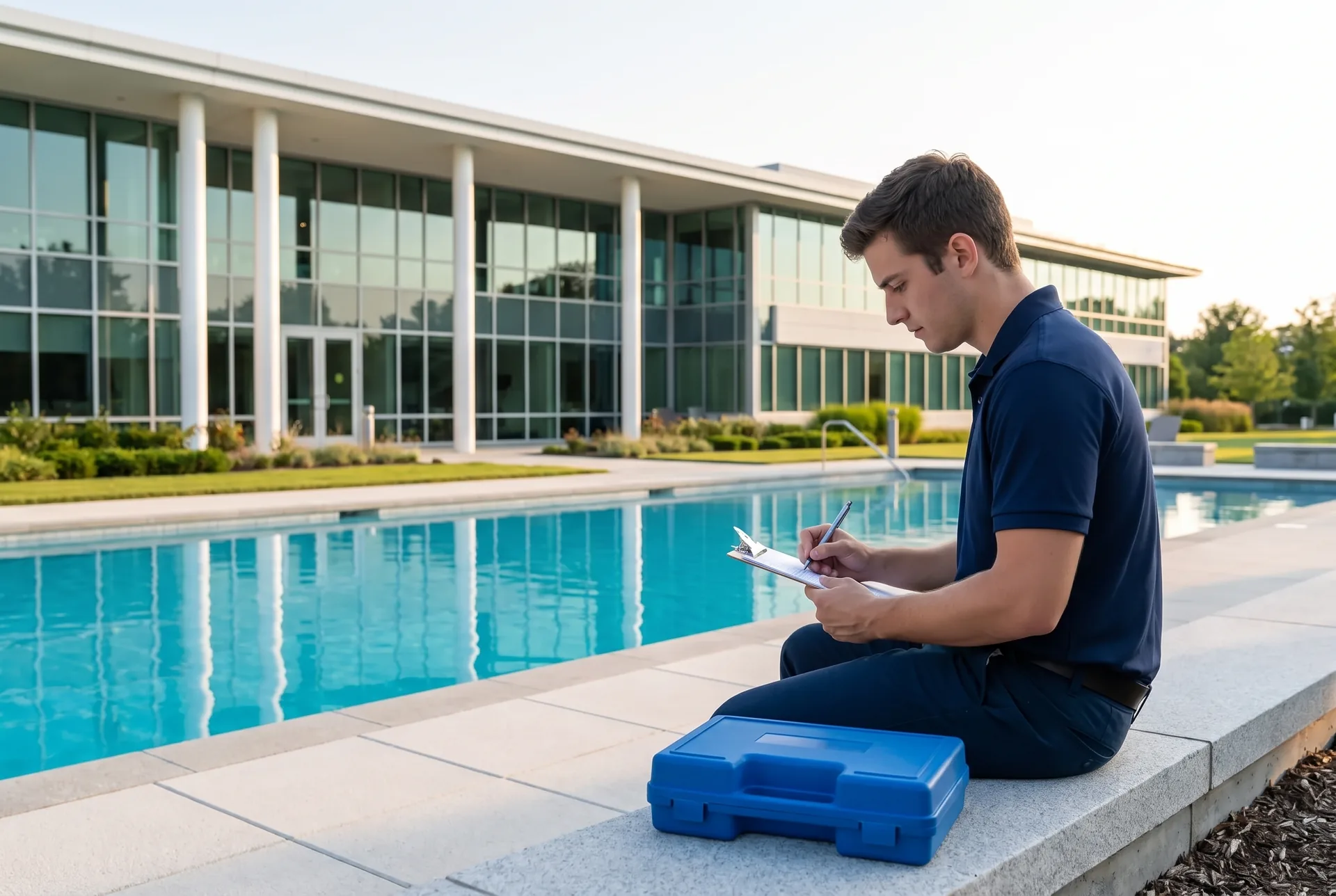 A young pool service technician sits on a low stone wall beside a conference center pool in the late afternoon, writing on a clipboard, a closed blue test kit case at his feet.
