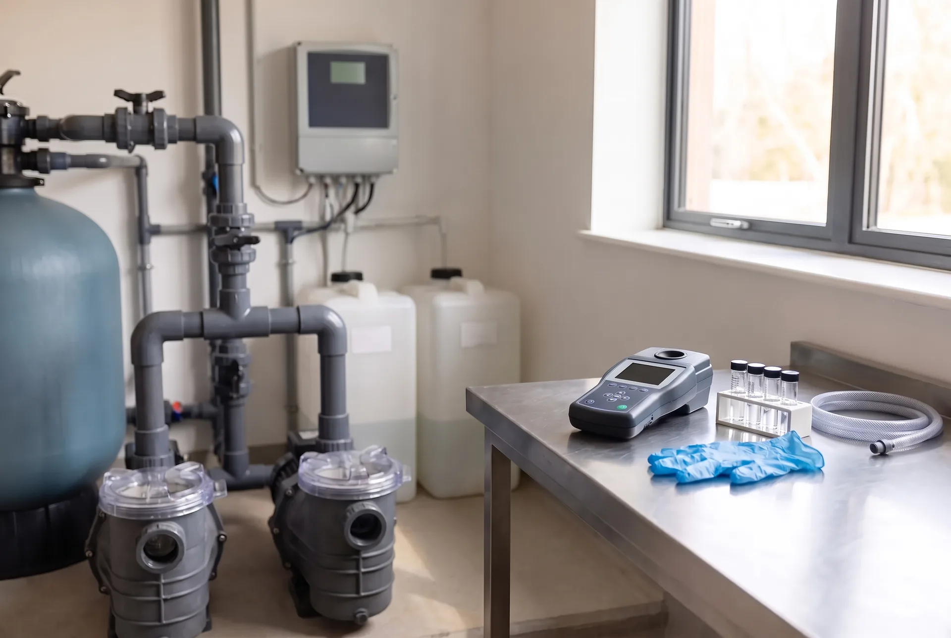 A clean commercial pool plant room: a blue-grey sand filter, two circulation pumps with clear strainer lids, grey pipework and chemical tanks, and a photometer with test vials and gloves on a steel bench.