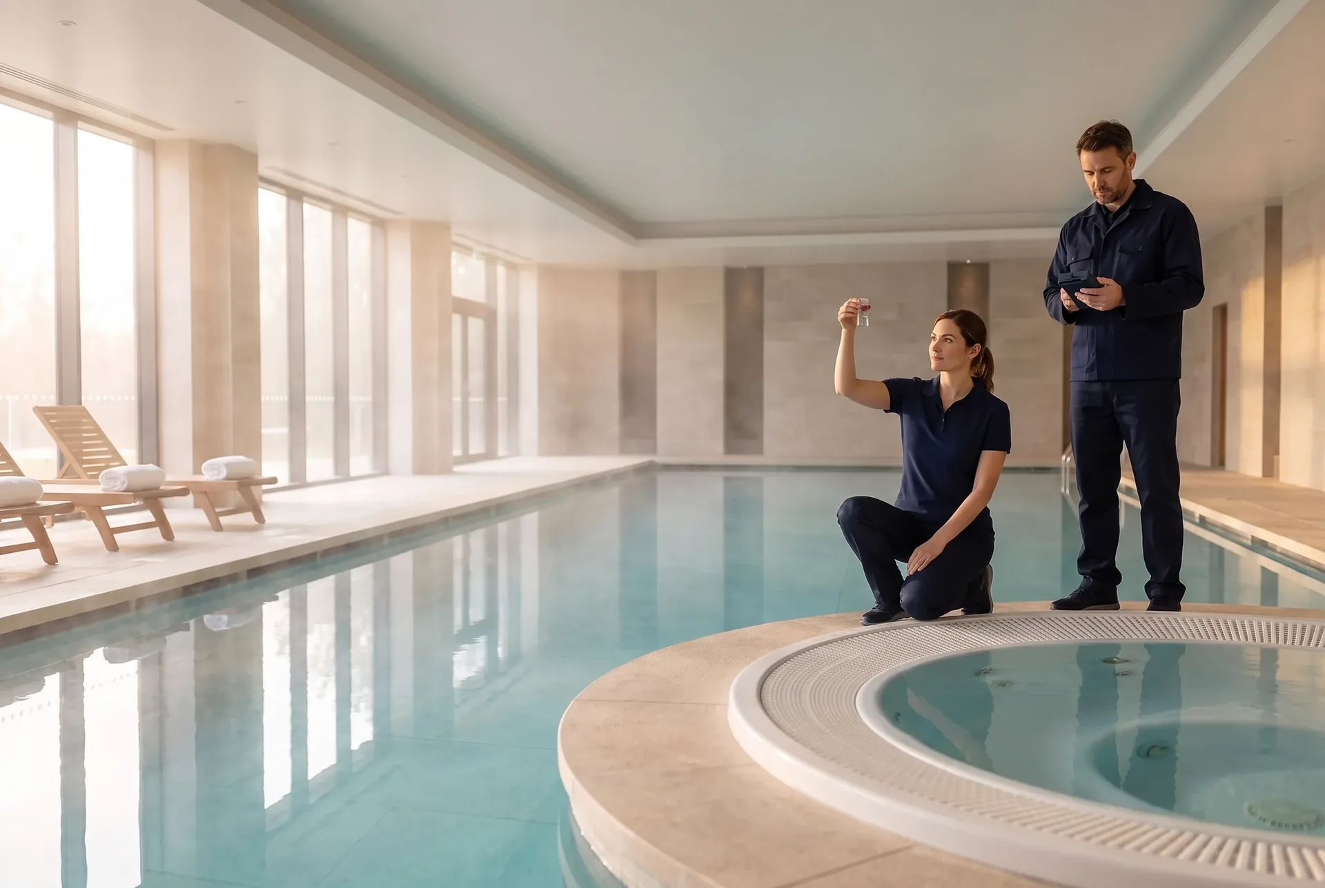 Early morning in a hotel’s indoor pool hall: one technician kneels at the edge of a round spa holding a test vial to the light while a colleague reads a photometer beside the pool.