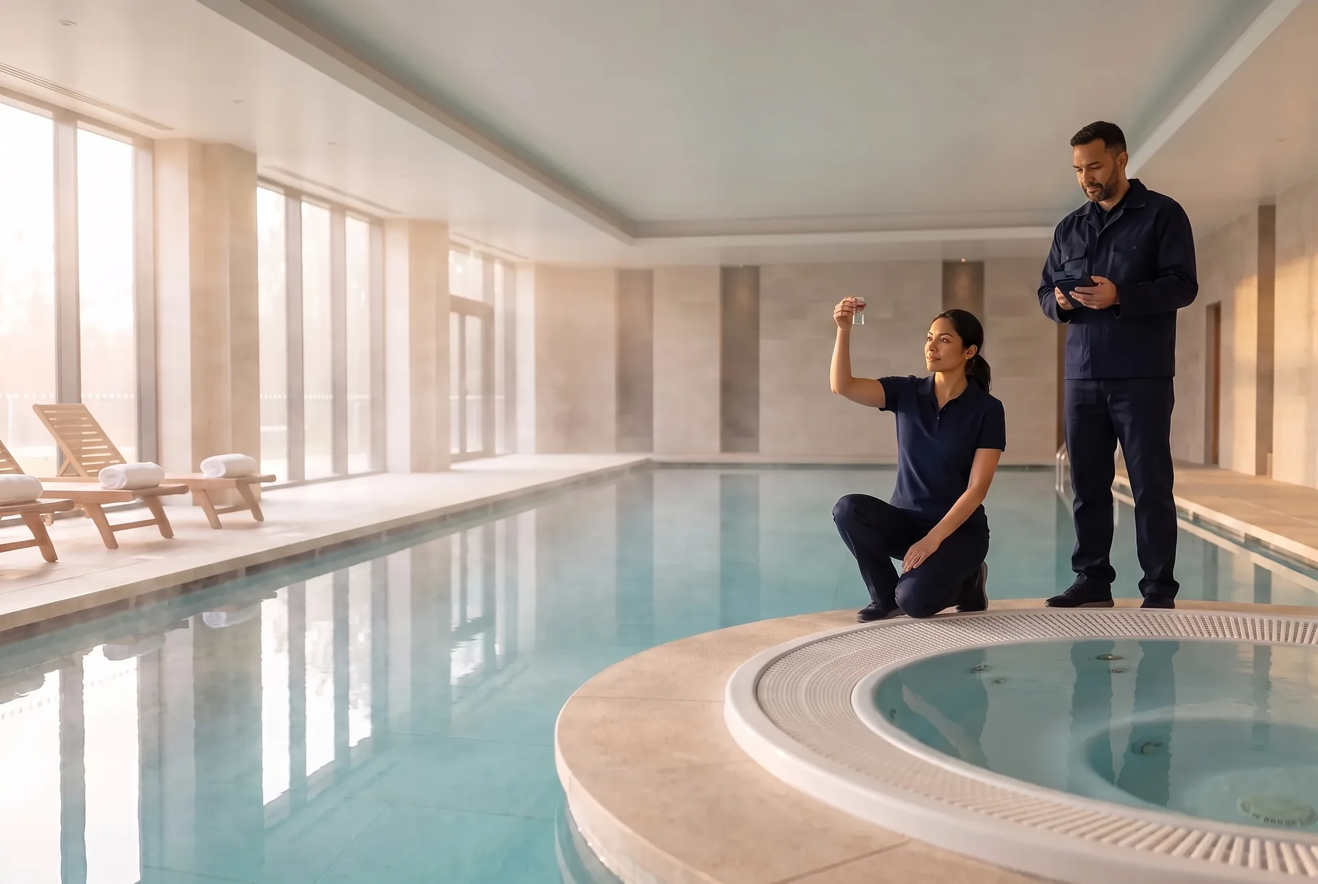 Temprano por la mañana en la piscina techada de un hotel: una técnica arrodillada junto a un spa redondo levanta un vial hacia la luz mientras un compañero lee un fotómetro junto a la piscina.