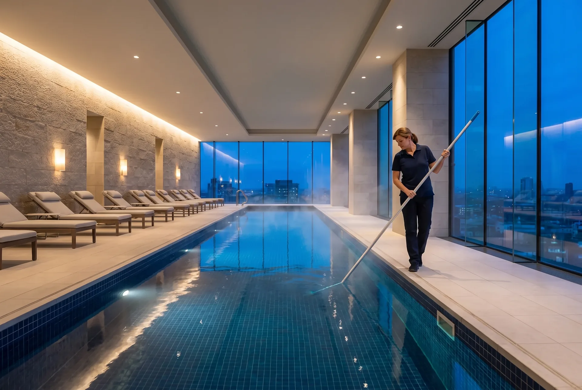 A pool service technician walks the edge of a city hotel’s indoor pool in the evening, guiding a long telescopic pole along the water, the lit skyline behind the glass.