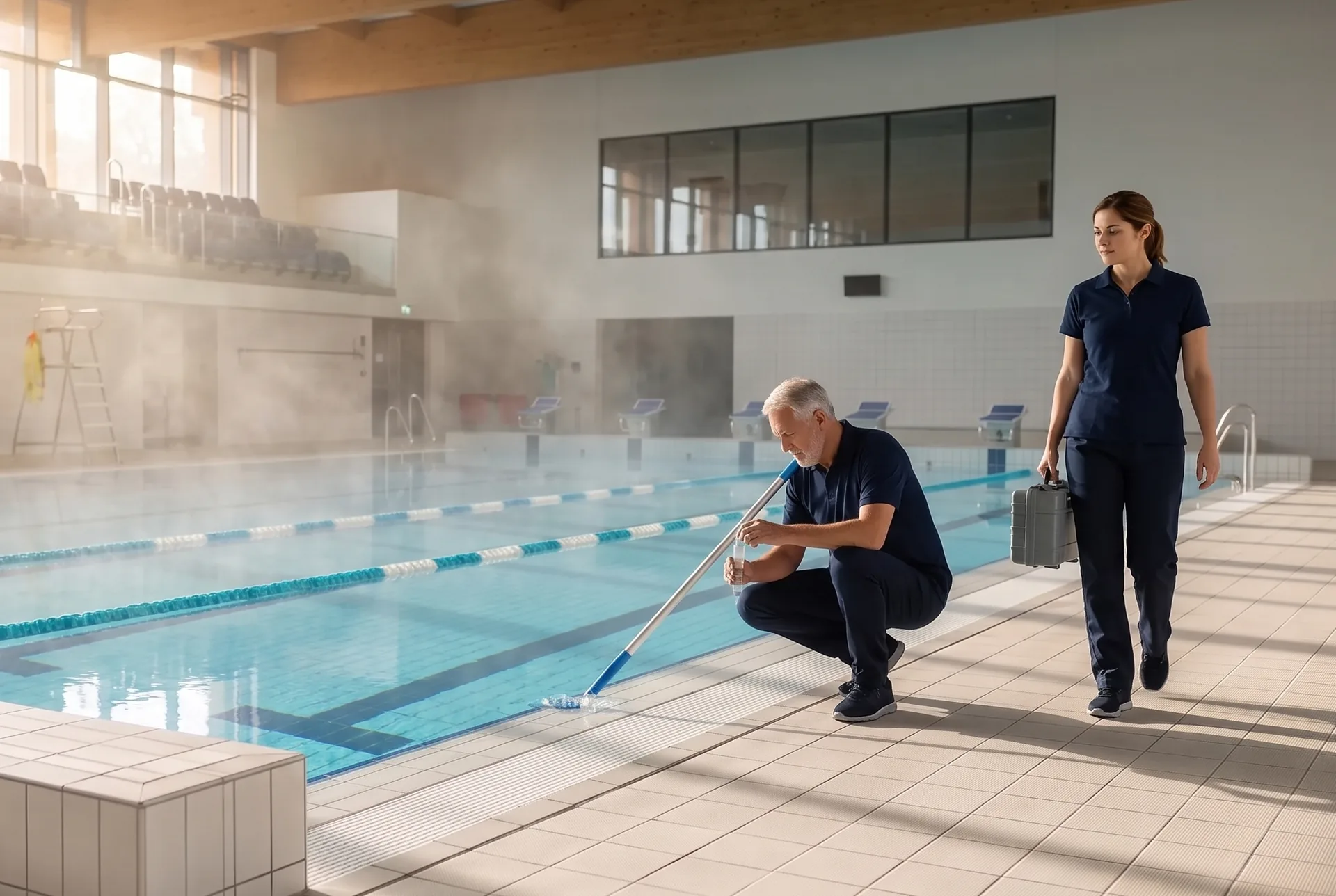 A public indoor aquatic center before opening: lane ropes across a competition pool, one technician crouched at the edge filling a test vial from a long-handled sampler, a colleague walking the deck with an equipment case.