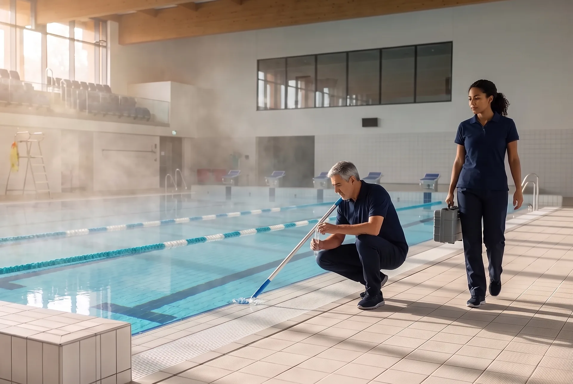 Un centro acuático público techado antes de abrir: carriles tendidos en una piscina de competencia, un técnico agachado en el borde llenando un vial con un muestreador de mango largo y una compañera que recorre el andador con un maletín.