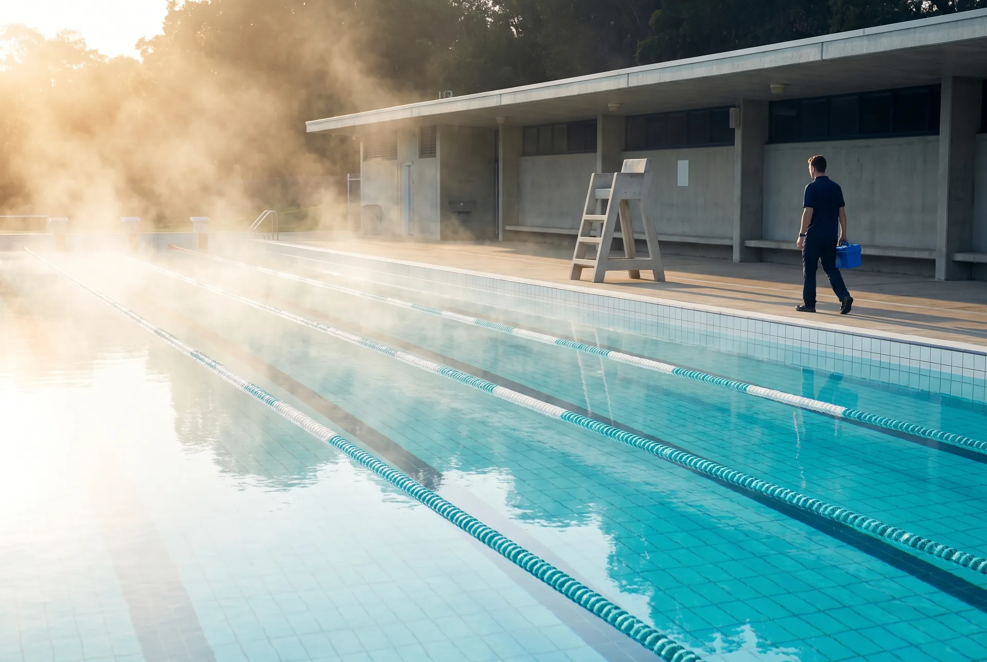 An outdoor municipal pool with lane ropes at sunrise, mist rising off the water, and a pool service technician carrying a test kit along the far deck.