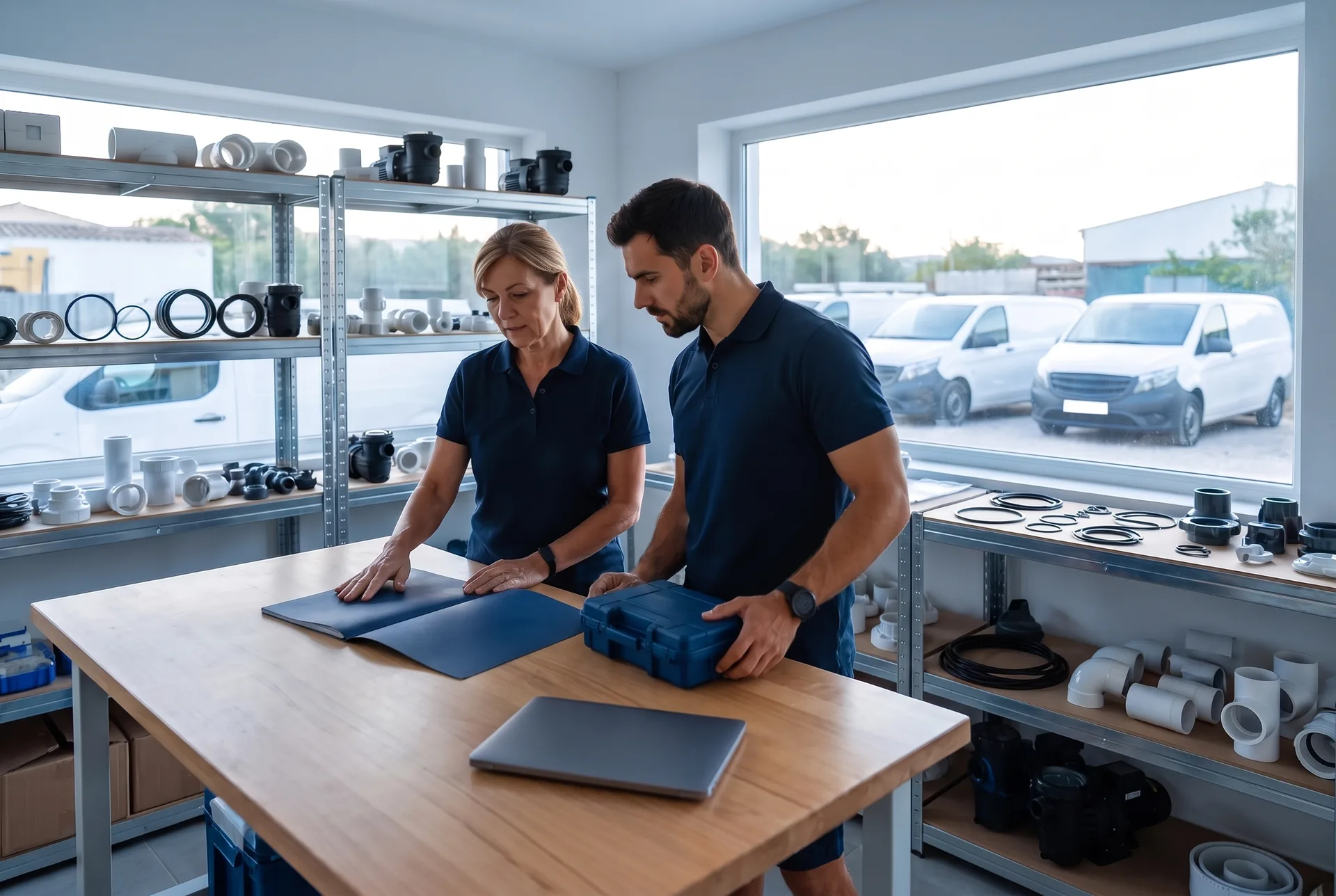 The owner of a pool service company and her route manager stand at a worktable in the company’s office, a closed navy folder and a blue test kit case in front of them, white service vans parked outside the window.