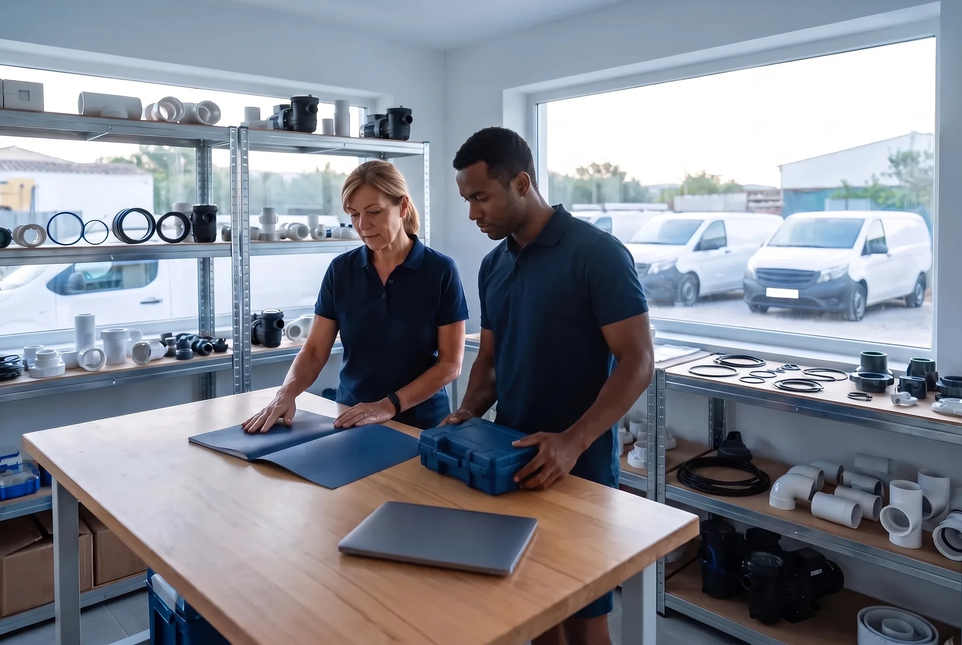 A dona de uma empresa de manutenção de piscinas e seu gerente de rotas, de pé diante de uma mesa de trabalho no escritório da empresa, com uma pasta azul-marinho fechada e uma maleta azul de kit de teste à frente e vans de serviço brancas estacionadas do lado de fora da janela.