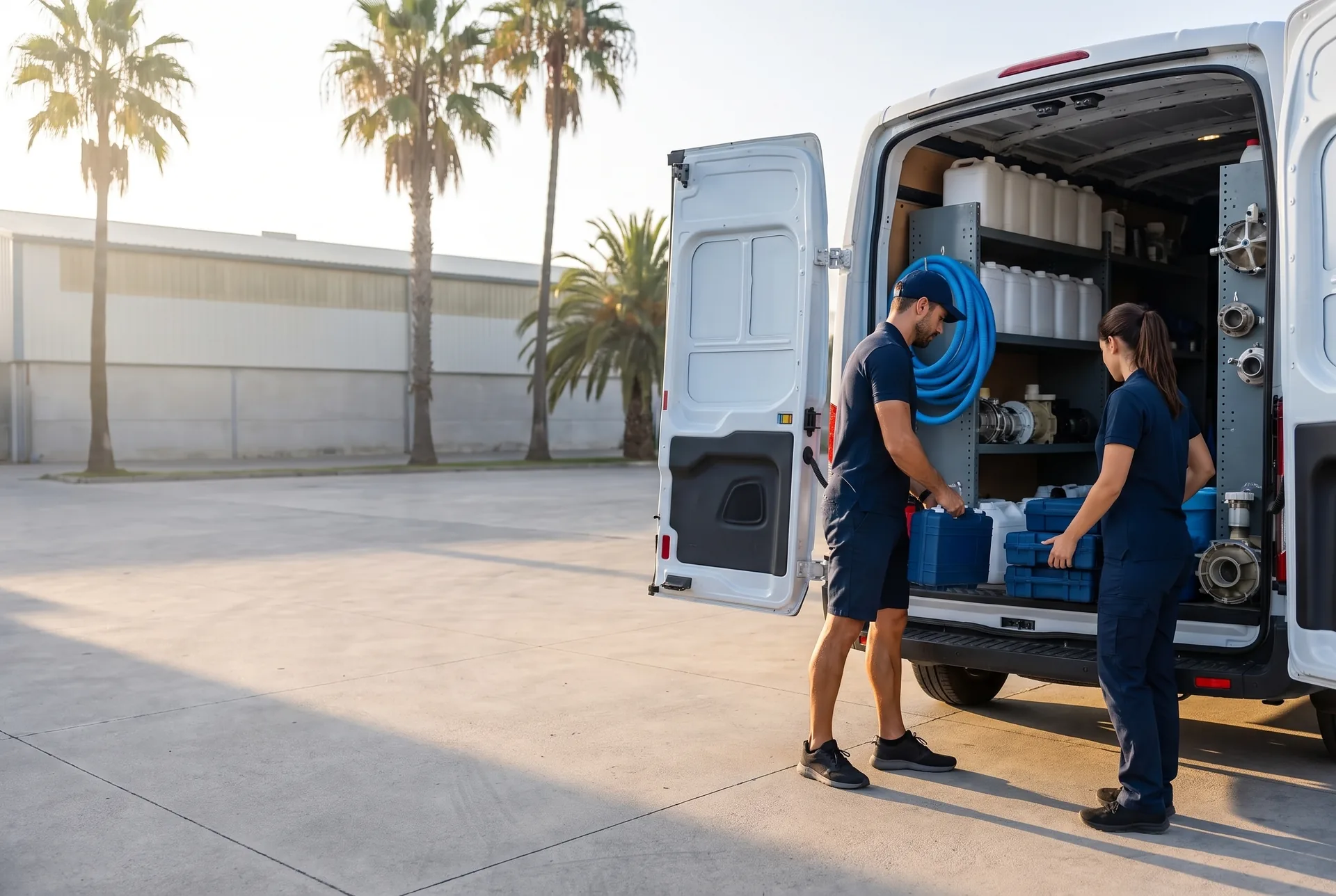 Two pool service technicians load blue test kit cases into the back of a plain white van, a coiled hose hanging inside, in their company’s yard in the early morning.