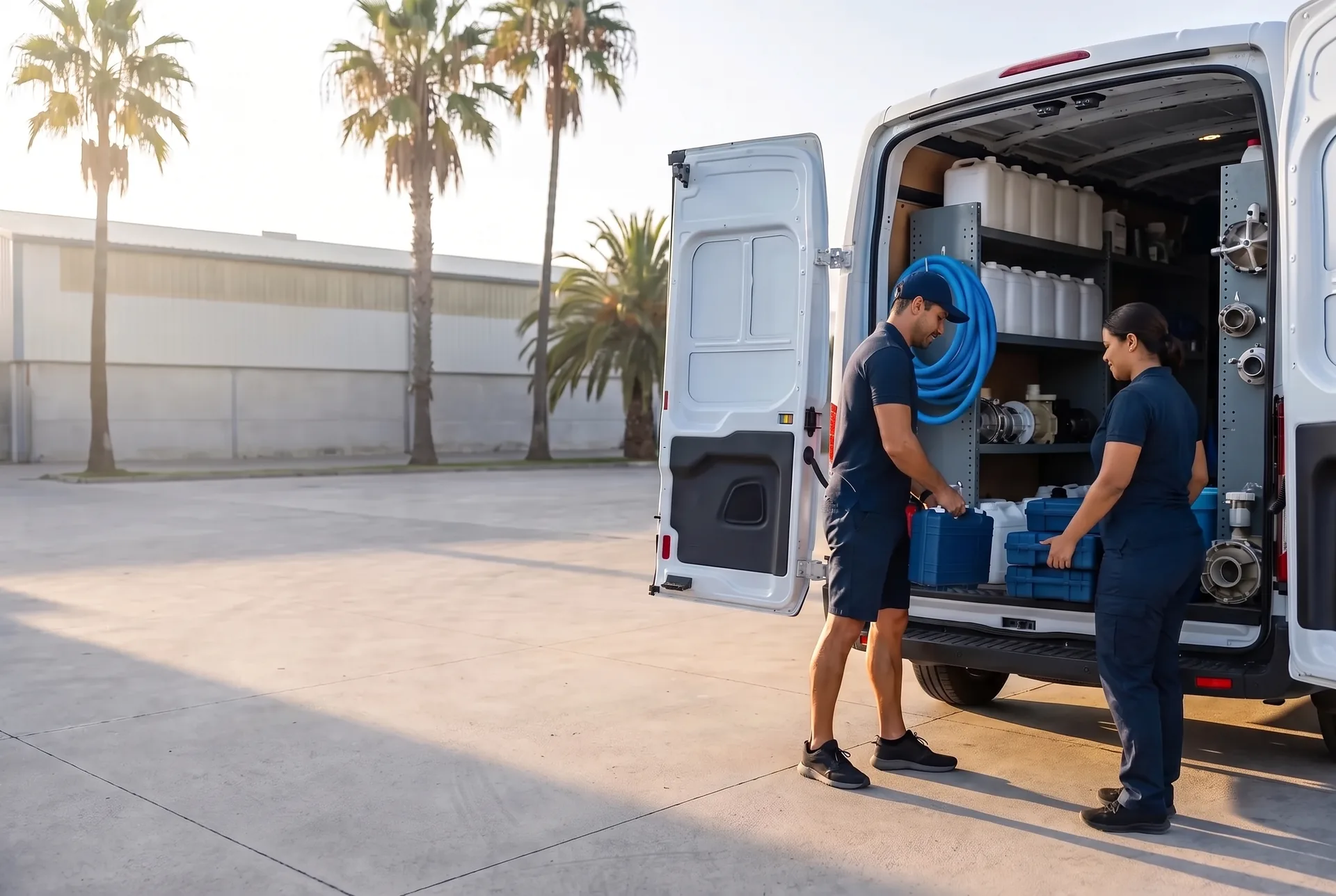 Dos técnicos de mantenimiento de piscinas cargan maletines azules con kits de prueba en la parte trasera de una camioneta blanca sin rotular, con una manguera enrollada colgada adentro, en el patio de su empresa temprano por la mañana.