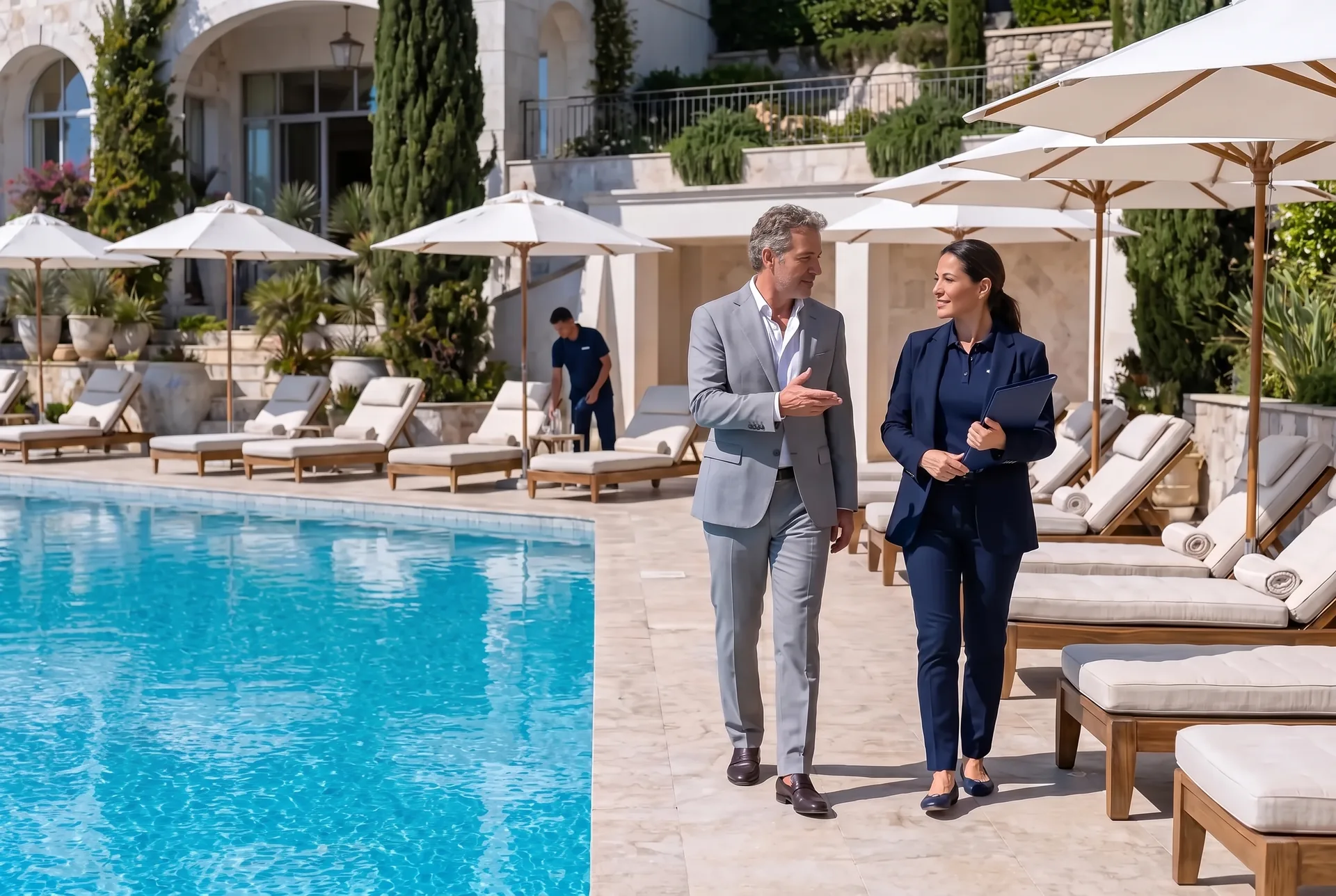 La dueña de una empresa de mantenimiento de piscinas, con saco azul marino y una carpeta en la mano, recorre la plataforma de la piscina de un resort junto al gerente de mantenimiento del hotel, de traje gris, que señala hacia la piscina.