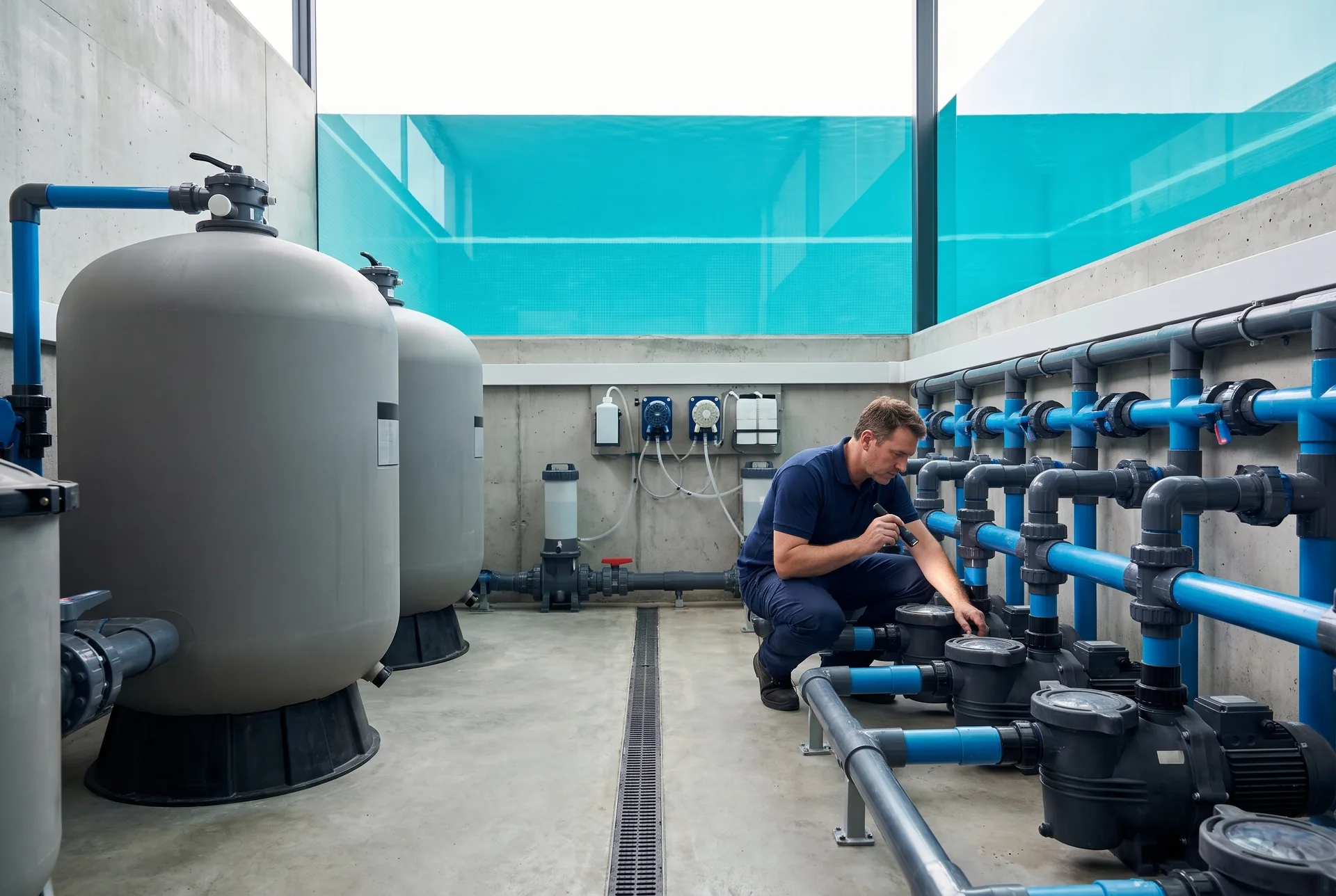 A technician crouches beside a row of circulation pumps in a clean pool plant room, checking one with a torch, two large grey sand filters behind him.