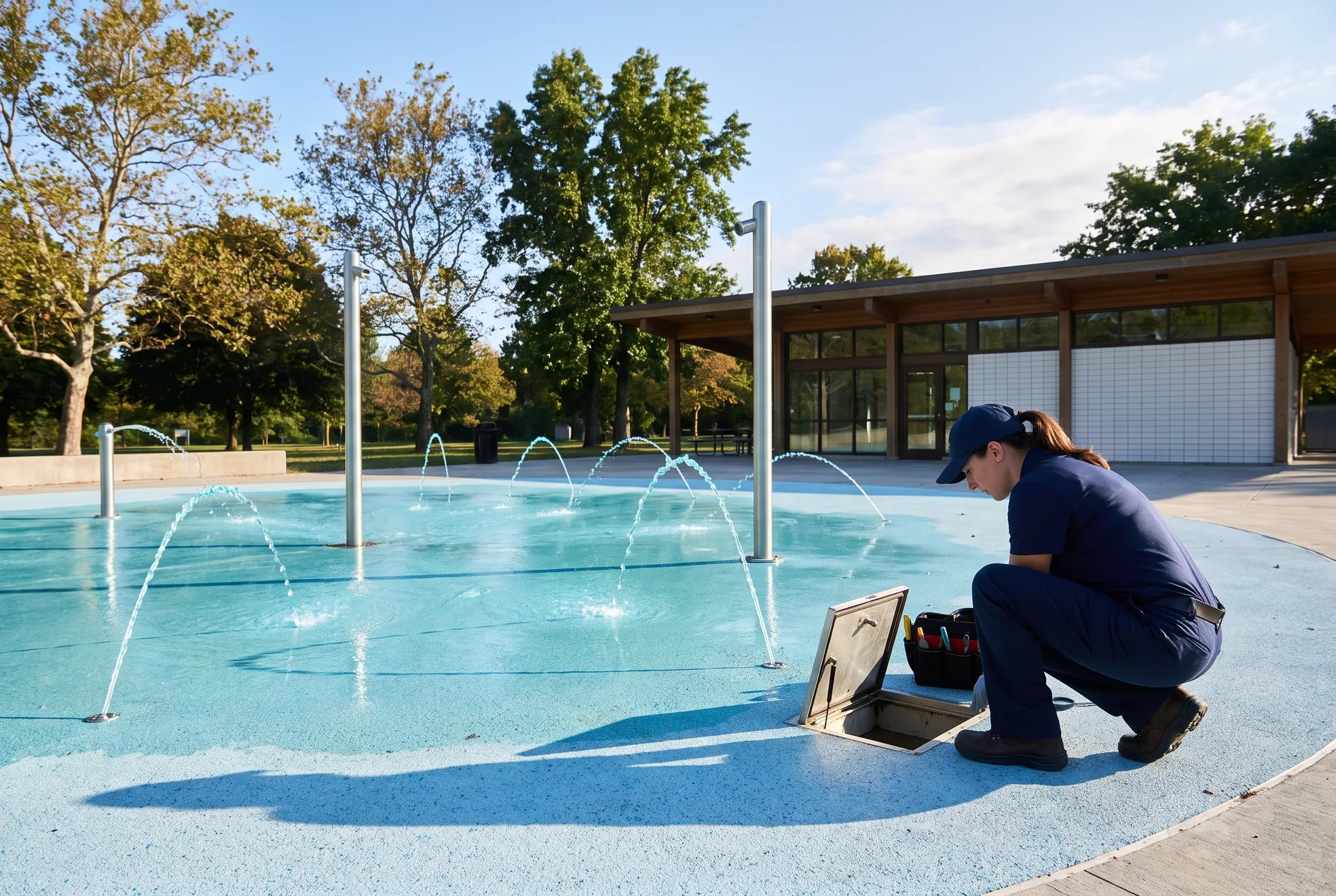 A pool service technician crouches beside an open access hatch at the edge of a park splash pad, low water jets arcing across the pale blue surface.