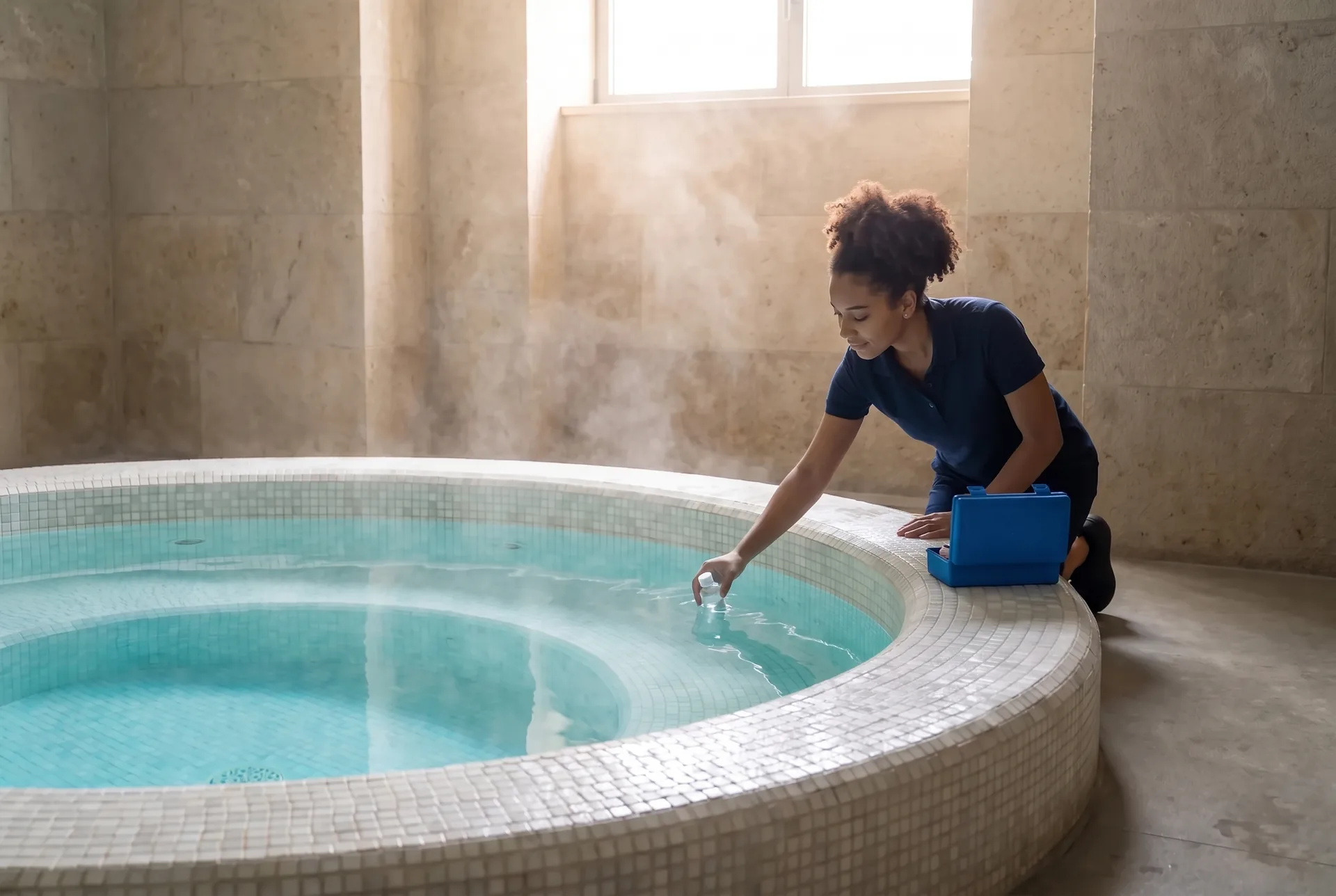 Un técnico de mantenimiento de piscinas, arrodillado al borde de un jacuzzi redondo de azulejos en la sala de spa de piedra de un hotel, sumerge un frasco de muestra en el agua humeante.