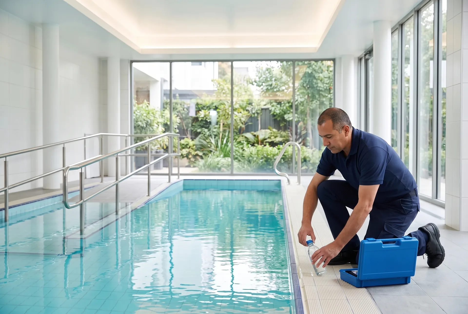 Um técnico de piscina ajoelhado na borda de uma piscina coberta de hidroterapia, com corrimãos e rampa, enchendo um frasco de amostra, com uma maleta azul de kit de teste ao lado e um jardim além das janelas.