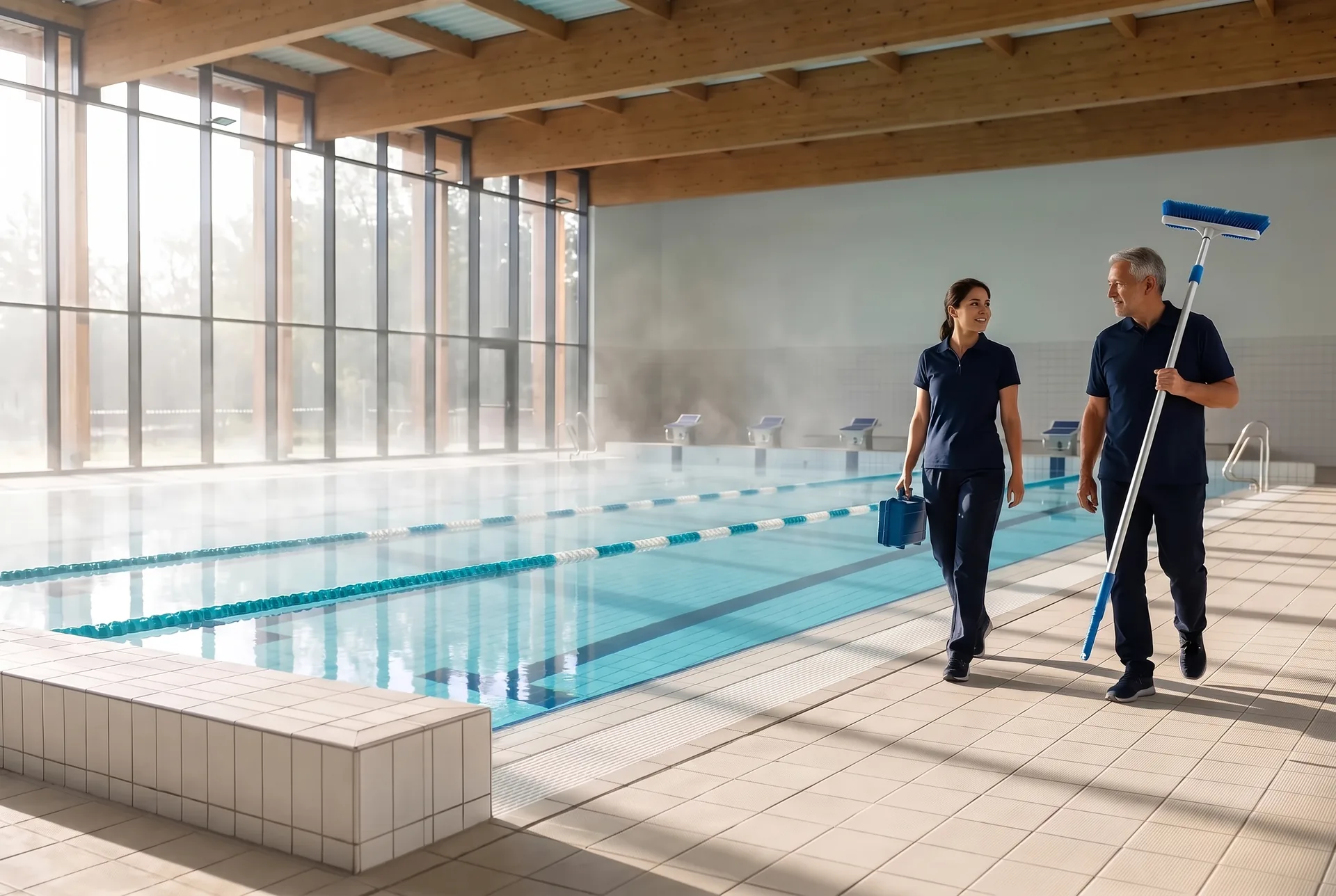 Dois técnicos de piscina caminham pela borda de uma piscina de raia coberta pela manhã, um carregando uma maleta azul de kit de teste e o outro uma haste longa com escova.